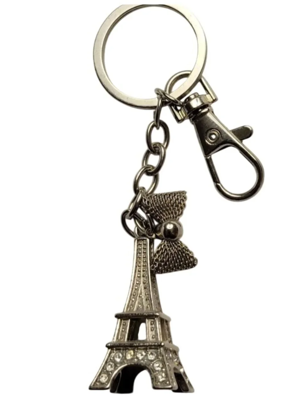 Eiffel Tower Paris Keychain Bow Charm Silver Rhinestone Elegant Parisian Accesso